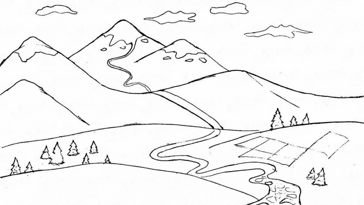 Coloring page breathtaking mountain landscape