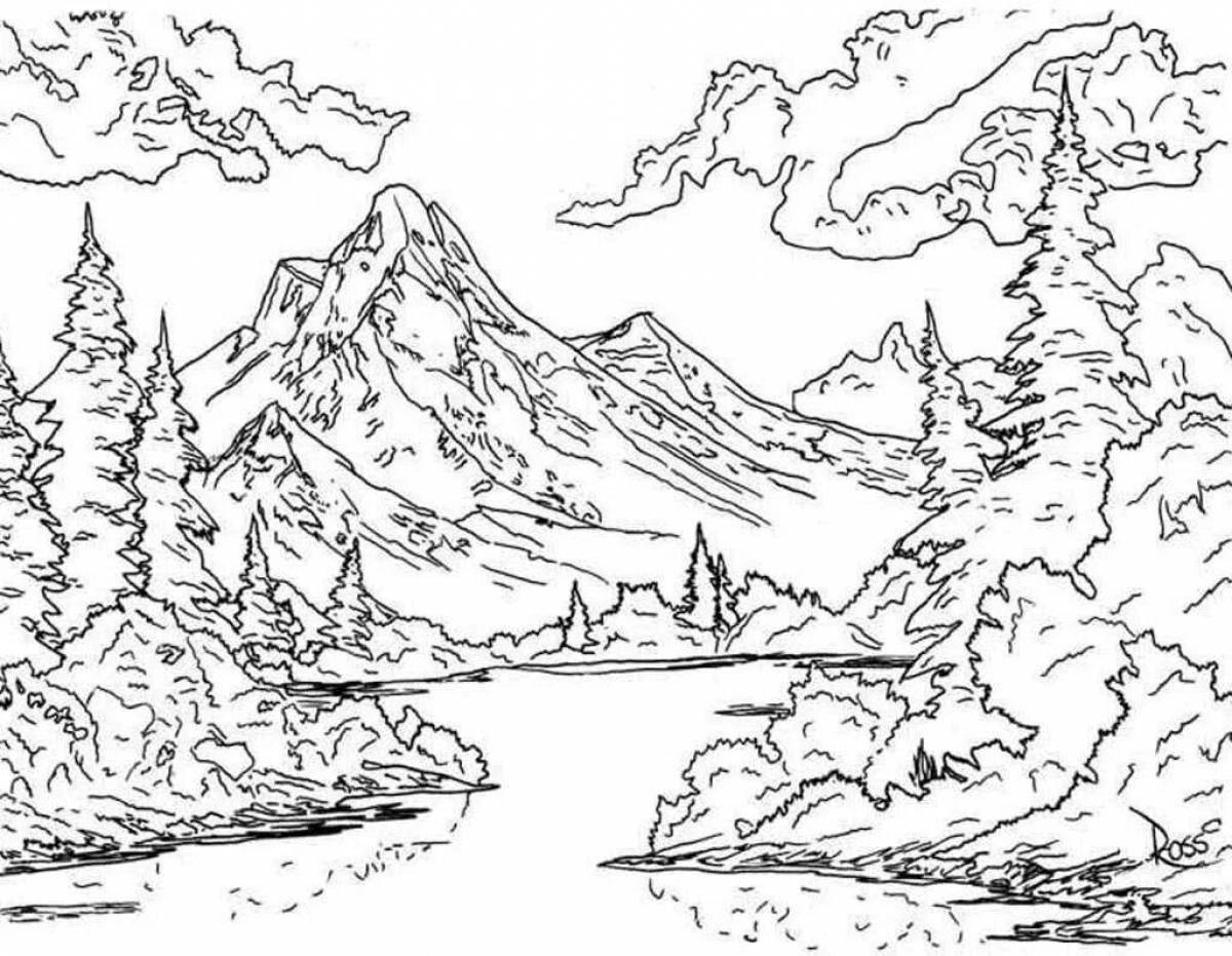Coloring book elevated mountain landscape