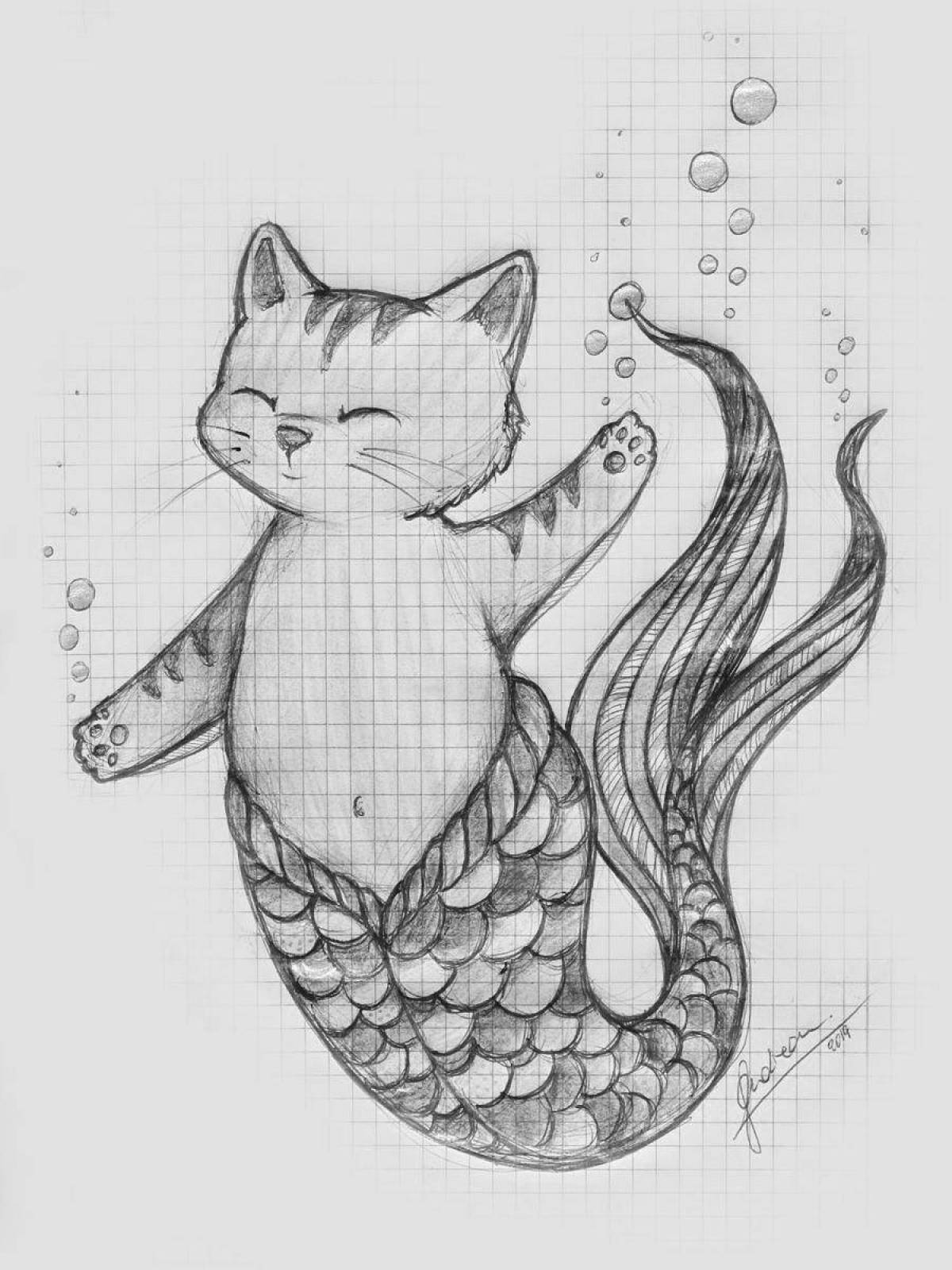Serene coloring page mermaid cat