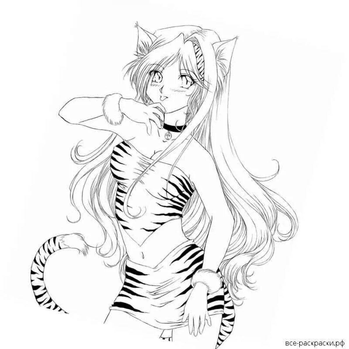 Grand anime cat coloring page