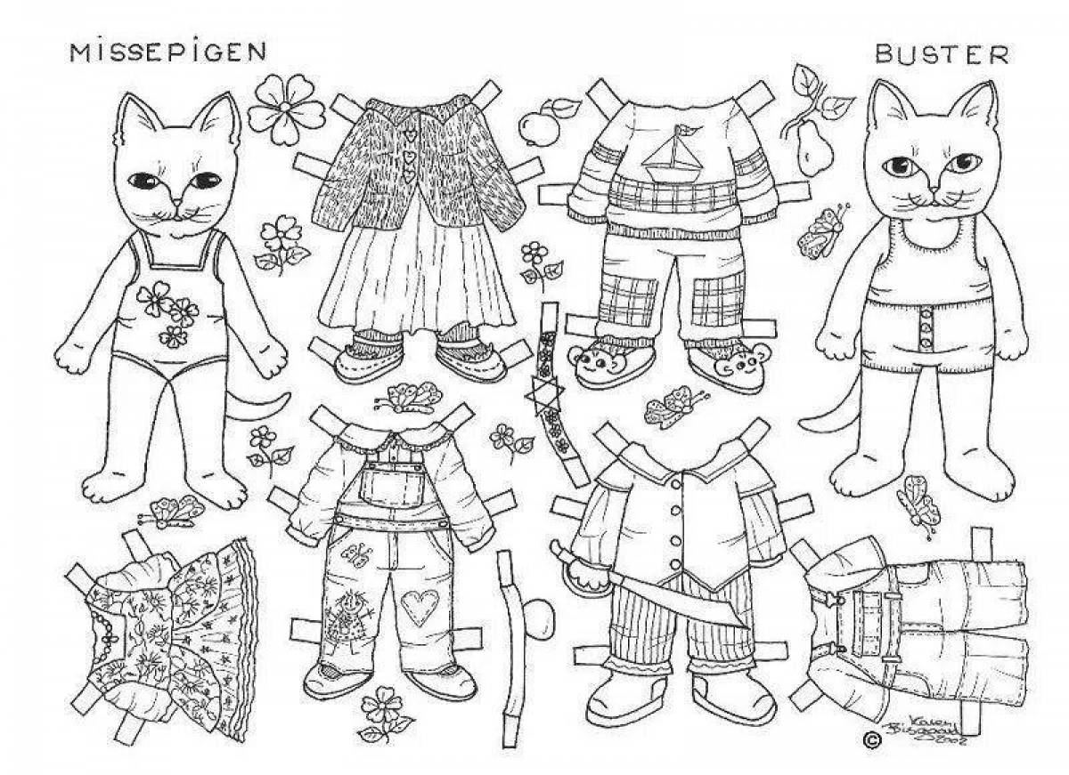 Playful kitten coloring page with clothes