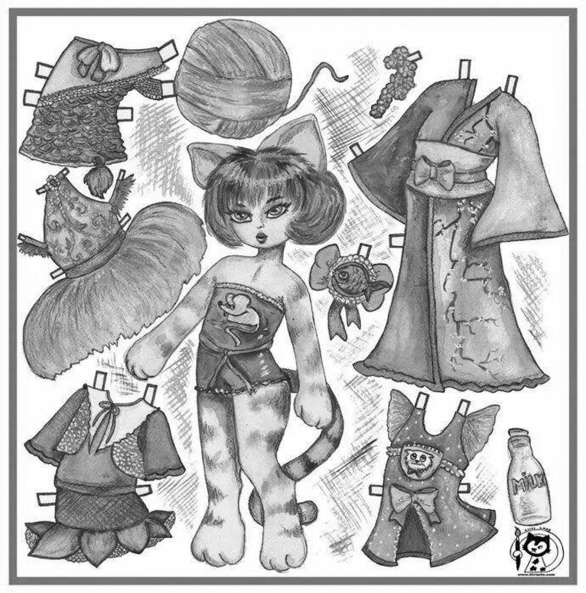 Coloring book naughty kitten with clothes