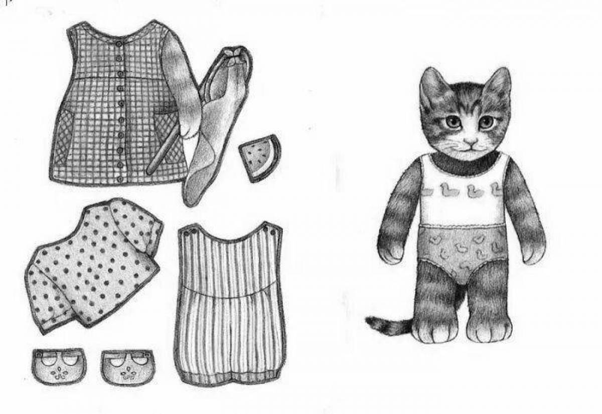 Забавный котенок раскраски с одеждой