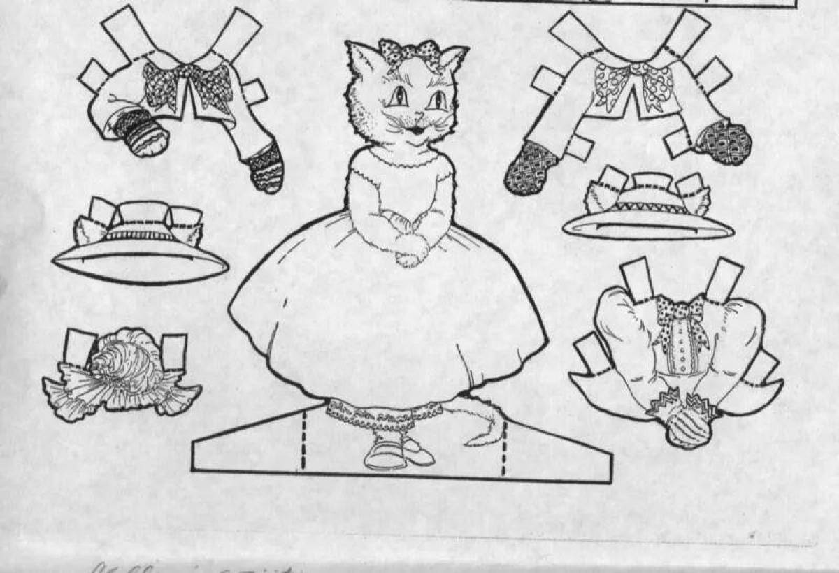 Яркая раскраска котенка с одеждой