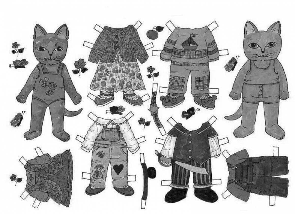 Coloring book fluffy kitten with clothes