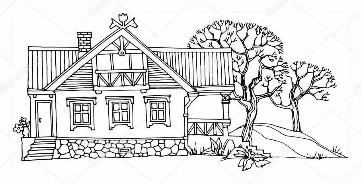 Coloring book shining village house