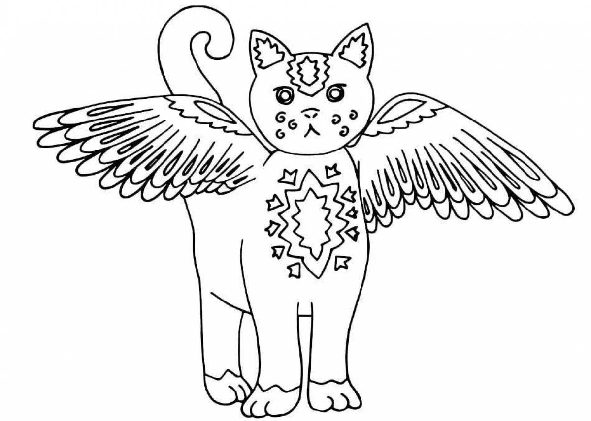 Безмятежная раскраска кошка с крыльями