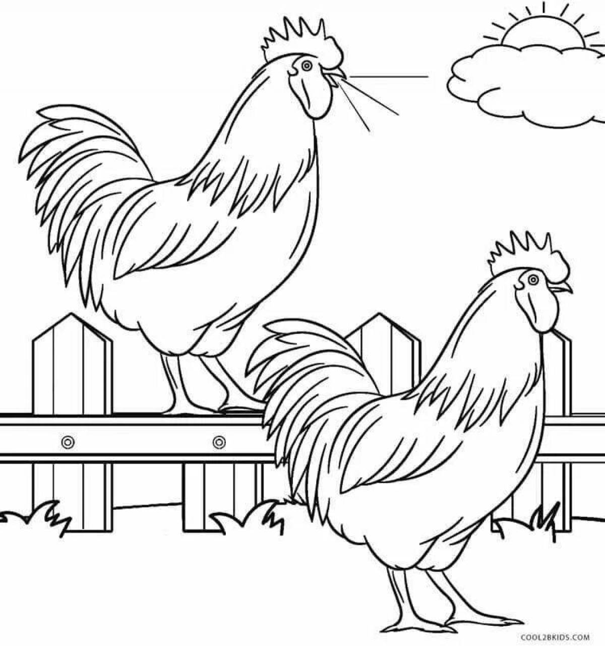 Coloring book sparkling rooster and hen