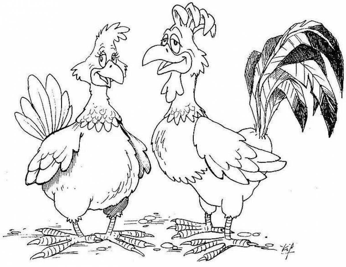 Coloring book brave rooster and hen
