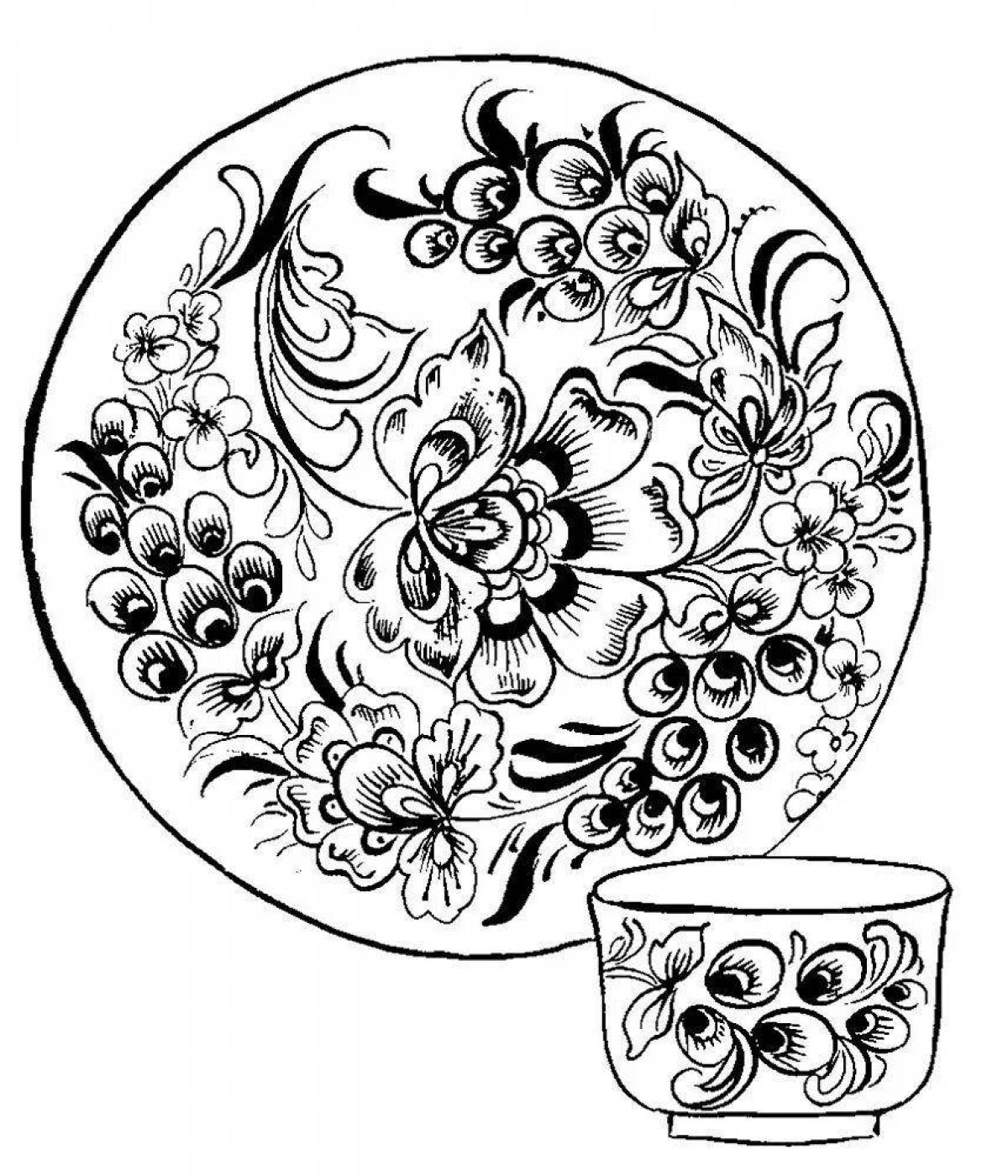 Фото Раскраска тарелка драматическая хохломская роспись
