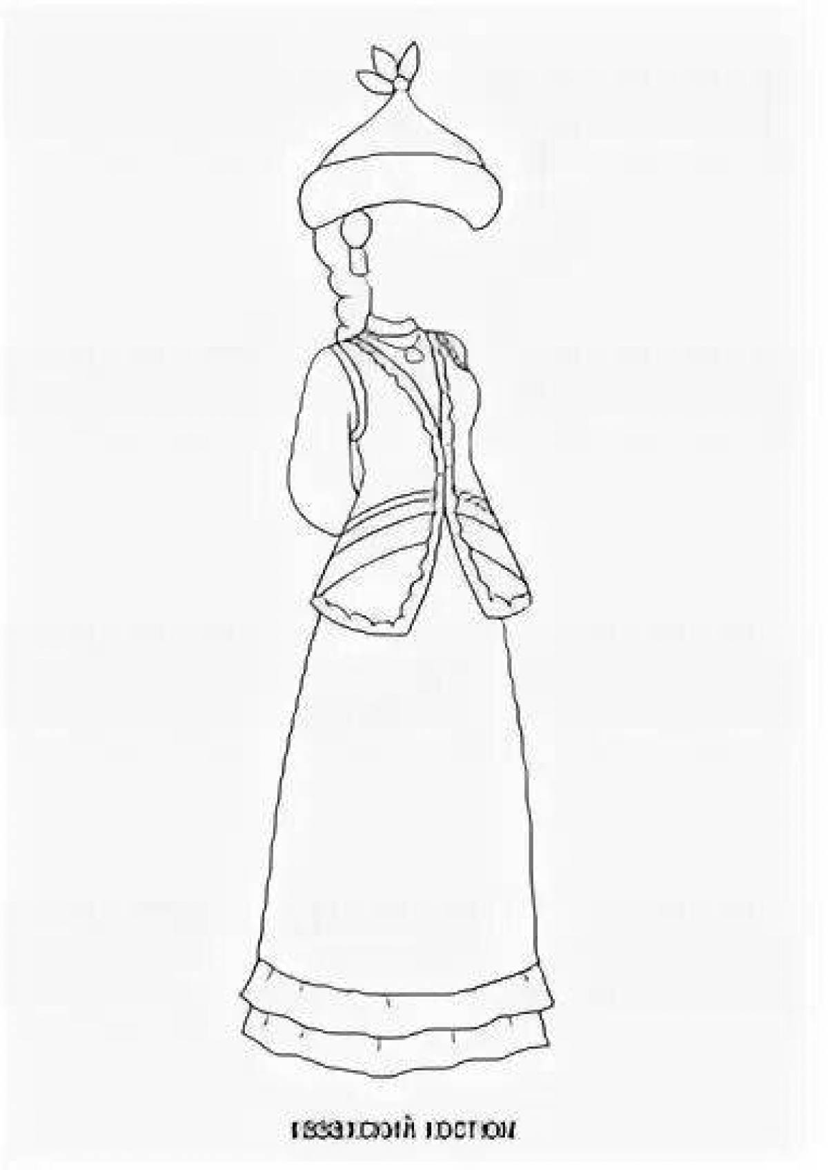 Coloring page of an impressive Kazakh national costume