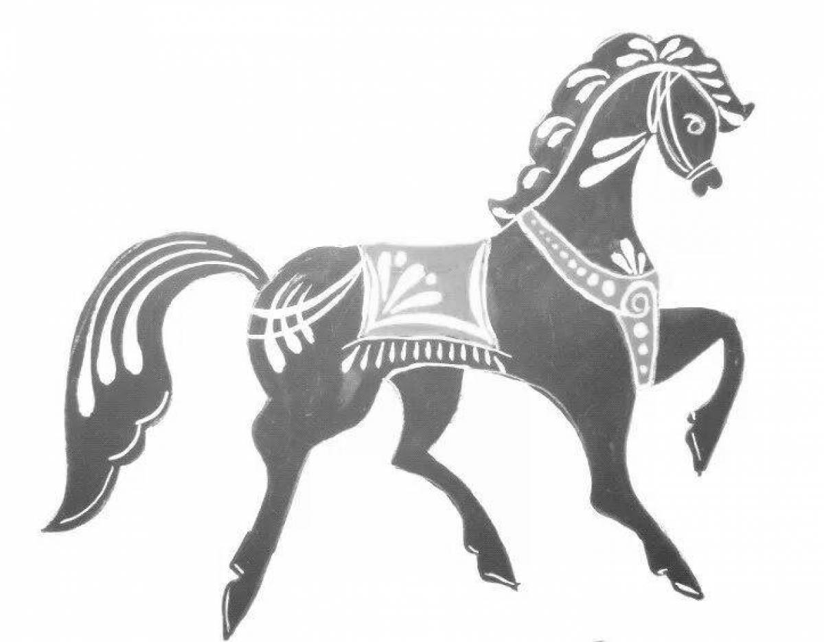 Coloring book cheerful Gorodets horse