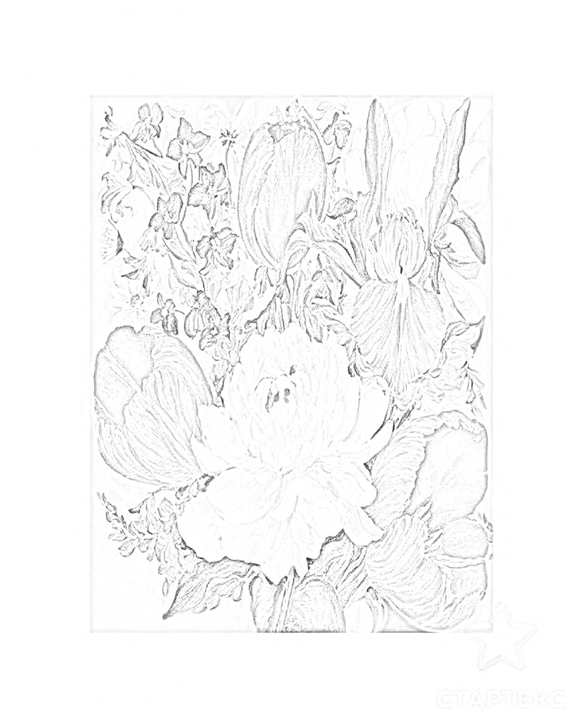 На раскраске изображено: Цветы, Пионы, Тюльпаны, Алмазная мозаика, Цветочная композиция