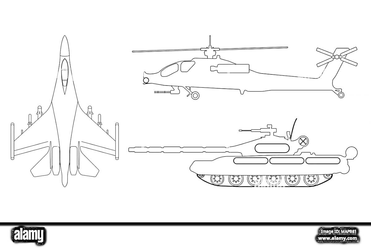 Раскраска Самолет, вертолет и танк