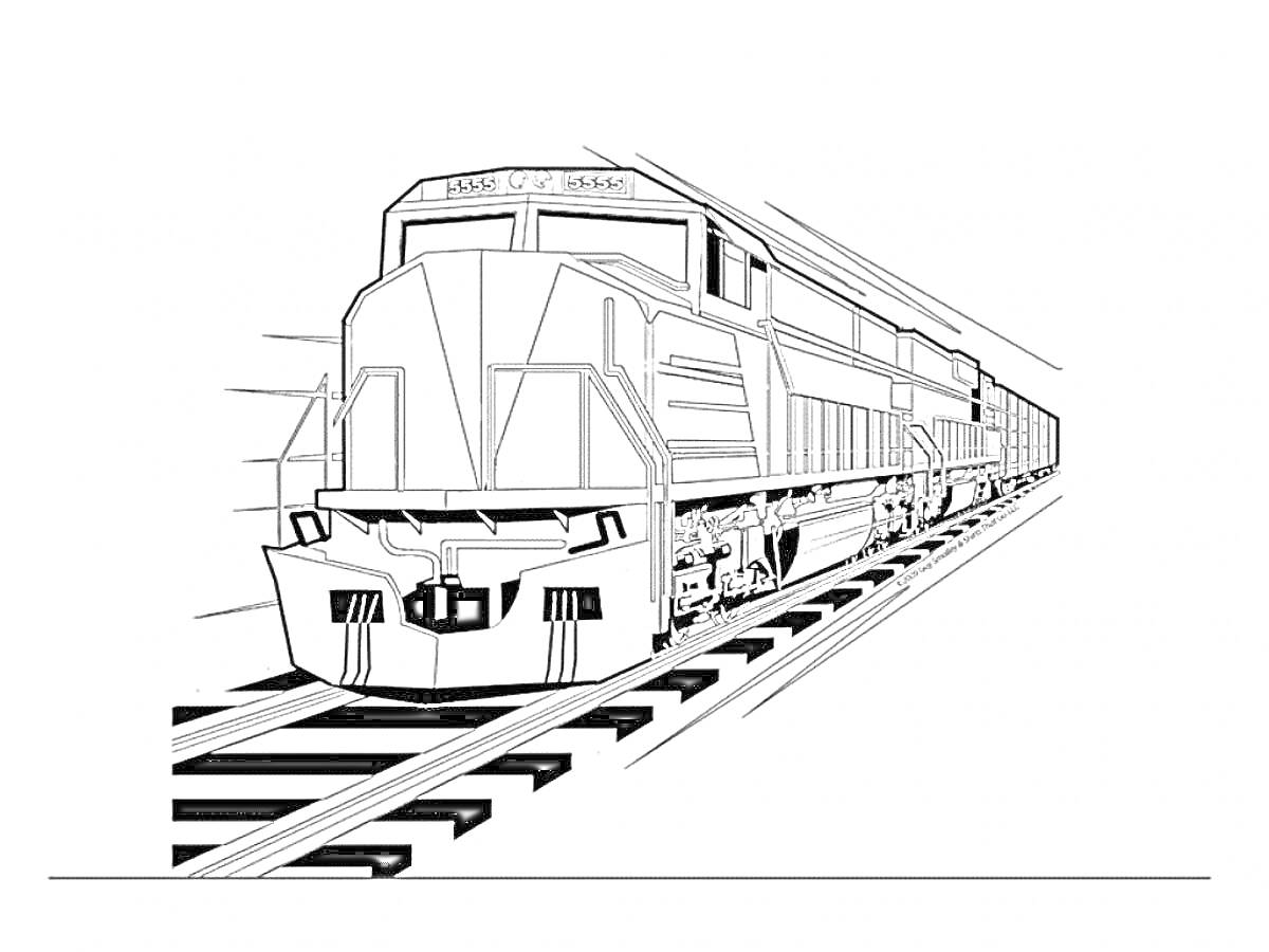 На раскраске изображено: Поезд, Железная дорога, Вагоны, Локомотив, Рельсы, Трасса, Транспорт, Железнодорожный транспорт