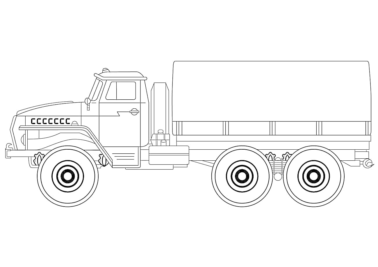 Раскраска Военный грузовик с тентом, вид сбоку, четыре колеса, кабина, кузов