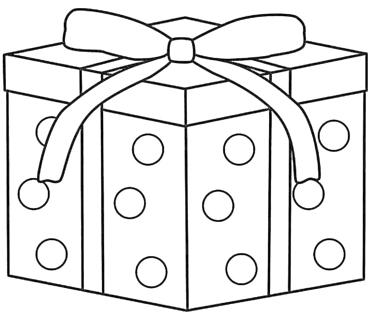 На раскраске изображено: Коробка, Лента, Бант, Точки, Узоры, Для детей, Подарки, Контурные рисунки
