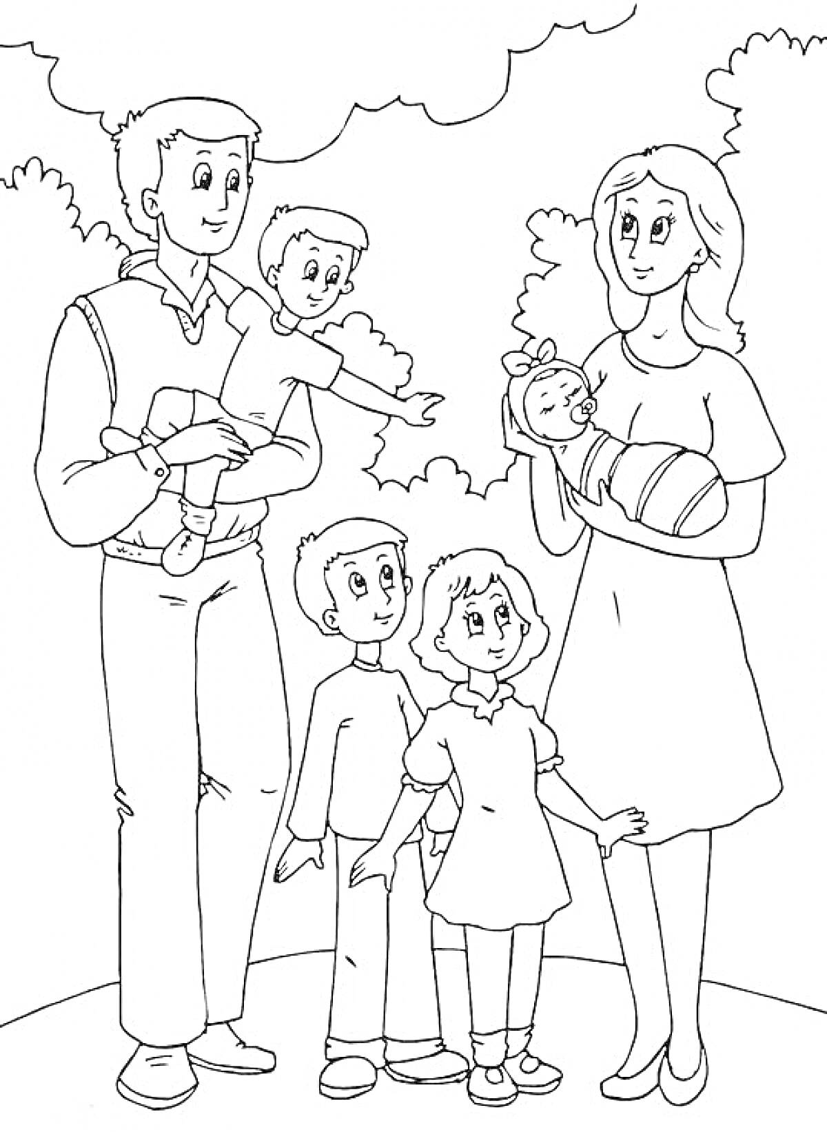 Раскраска Родители с тремя детьми на природе (мальчик на руках у папы, мать с младенцем на руках и два ребенка - мальчик и девочка - стоят впереди).