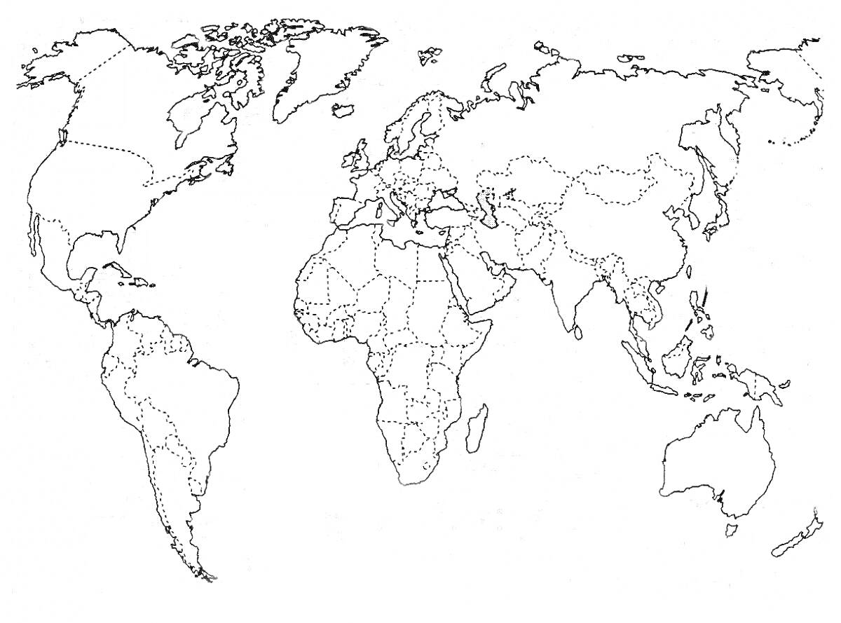 Контурная карта мира с обозначенными границами стран