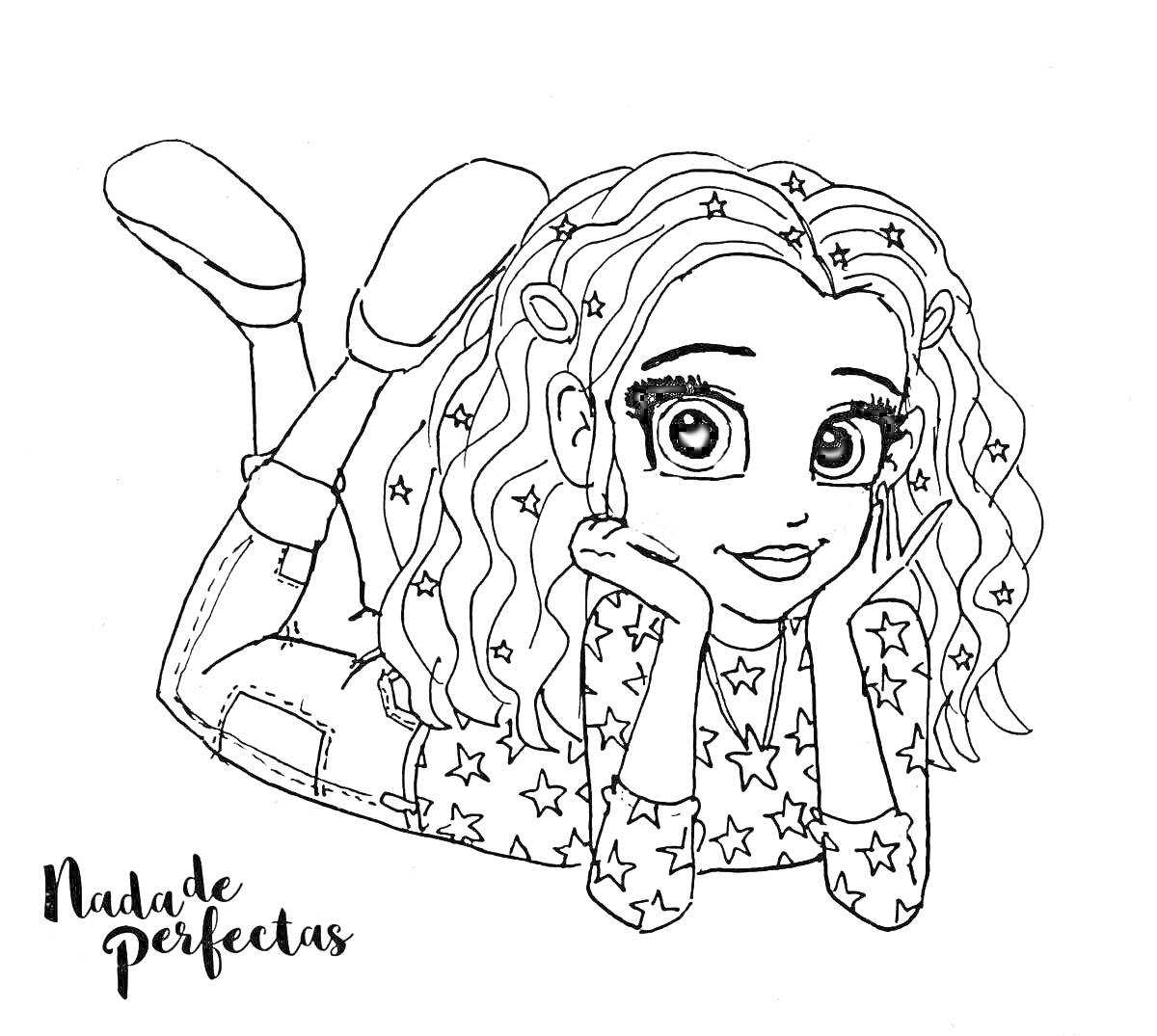 Раскраска Девочка с кудрявыми волосами в звёздной кофте лежит и держит голову руками