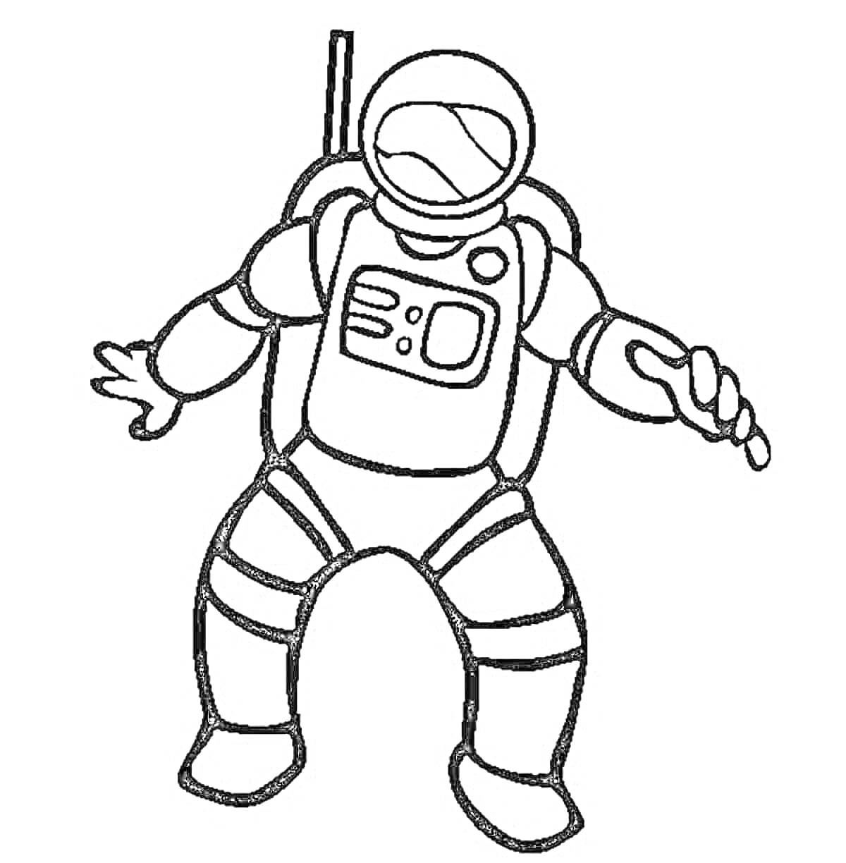 Космонавт в скафандре с ранцем и шлемом, стоящий в космосе