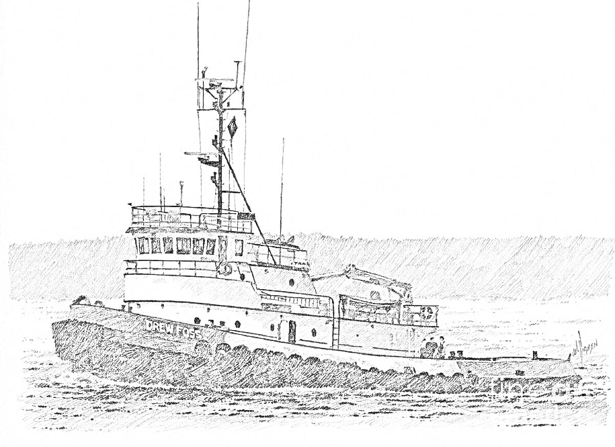 Раскраска Буксир на воде с флагштоком и открытой палубой, фон - береговая линия