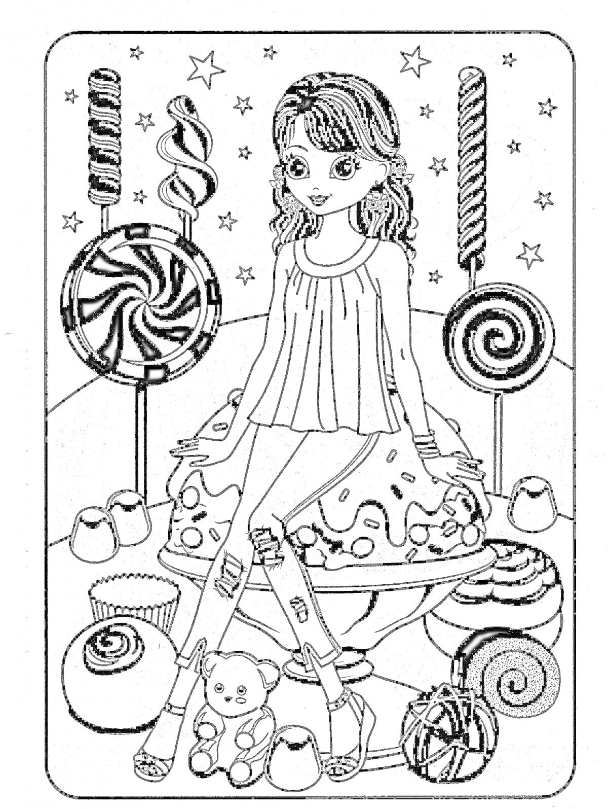 Раскраска Девочка на пончике с леденцами