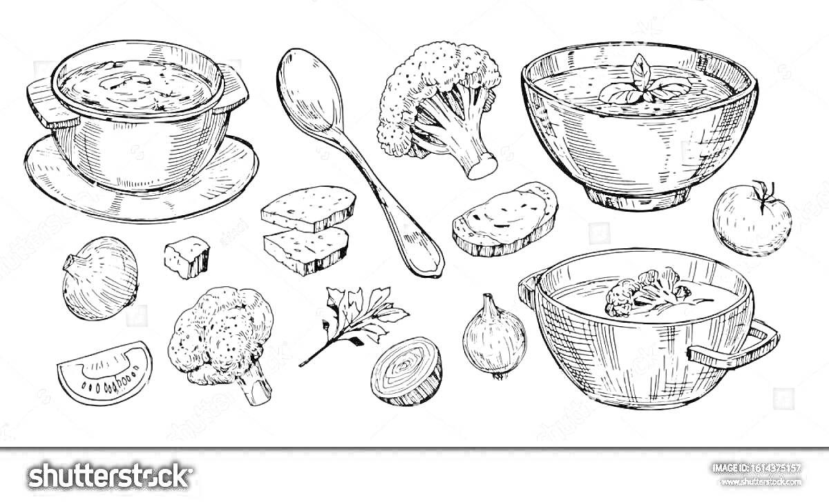 На раскраске изображено: Суп, Миска, Ложка, Овощи, Зелень, Ингредиенты, Кастрюли