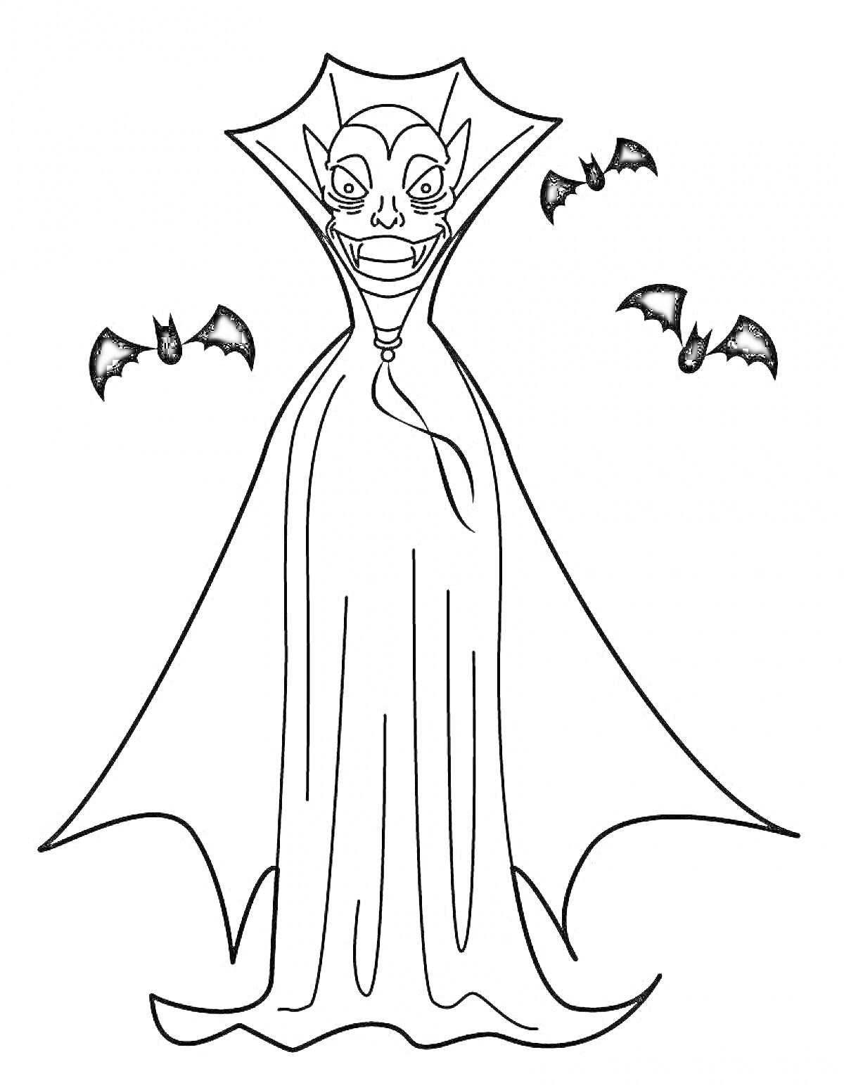 Раскраска Вампир в плаще с тремя летучими мышами