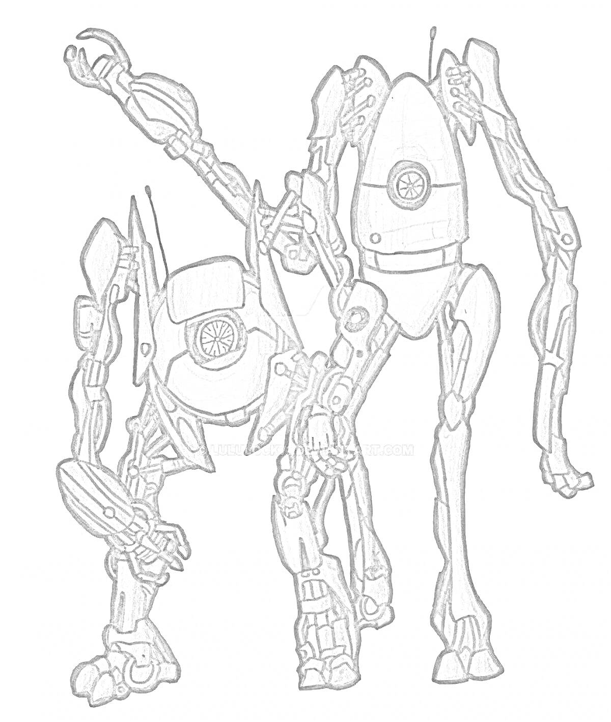 Раскраска Два робота из портала, стоящие рядом: один наклонен, другой вытягивает руку
