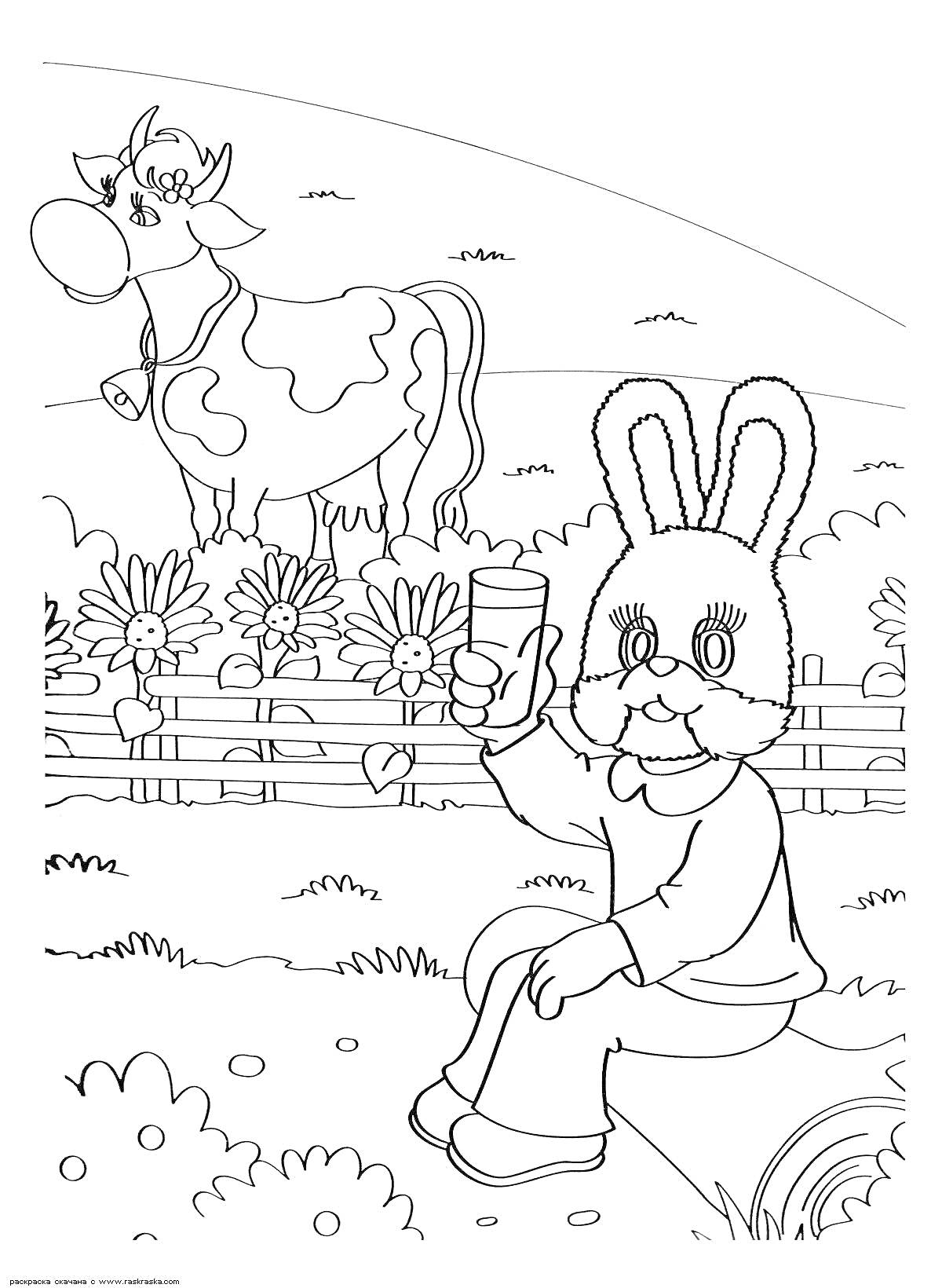 На раскраске изображено: Кролик, Корова, Ферма, Цветы, Стакан, Забор, Природа