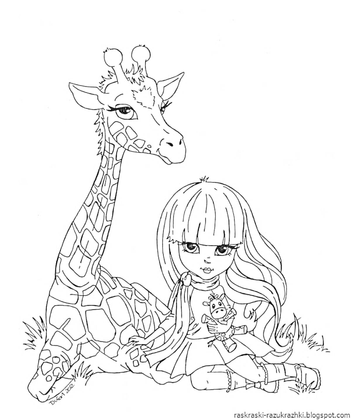 Раскраска Девочка с длинными волосами и челкой, сидящая рядом с жирафом и прижимающая к себе маленького енота
