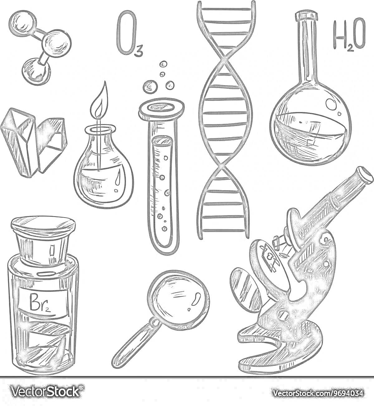На раскраске изображено: Лаборатория, Химия, Колба, Микроскоп, ДНК, Молекулы, Увеличительное стекло, Горелка, Учеба, Наука