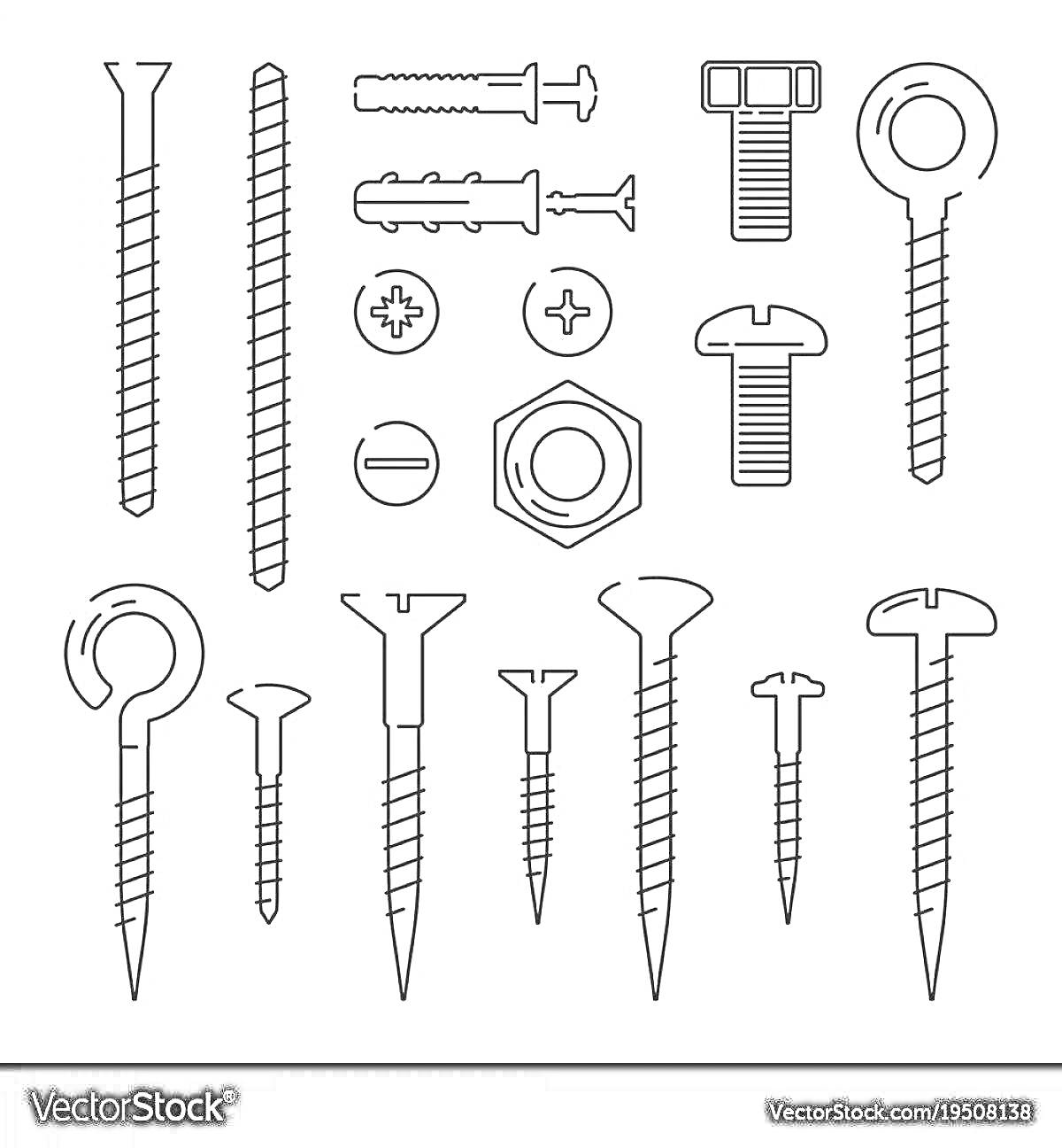 Раскраска Виды шурупов, винтов, гаек и дюбелей