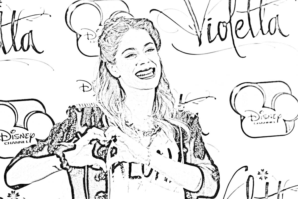 Раскраска Девушка со светлыми волосами, улыбающаяся, делает жест сердцем руками, надпись Violetta, логотип Disney Channel