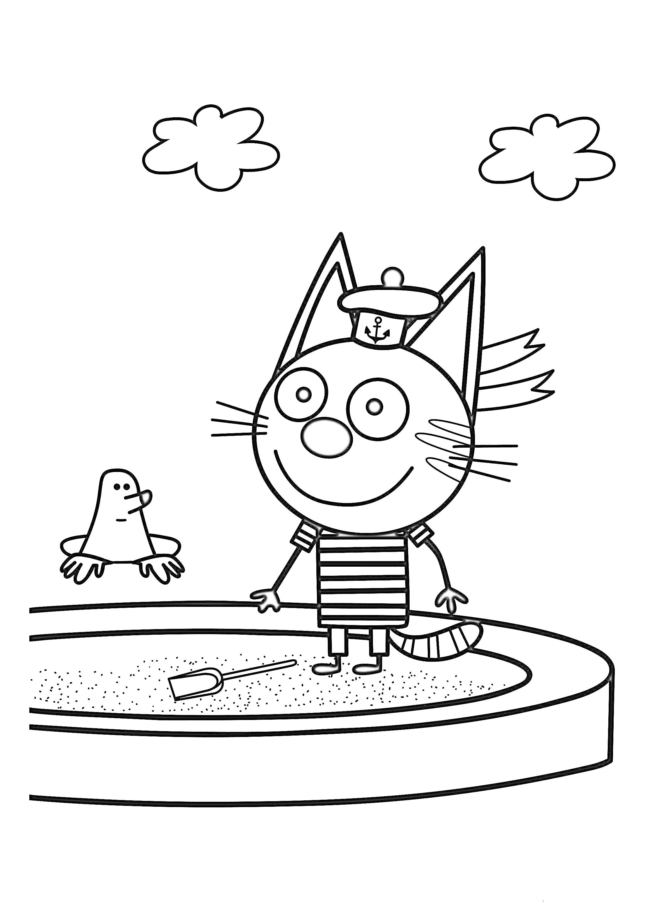 Котёнок в полосатой футболке с корабликом, играющий в песочнице рядом с птичкой и двумя облаками на заднем плане