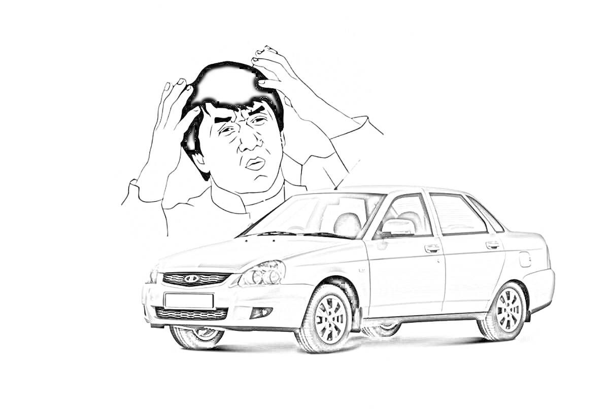 Раскраска Лада Приора с изображением человека в недоумении