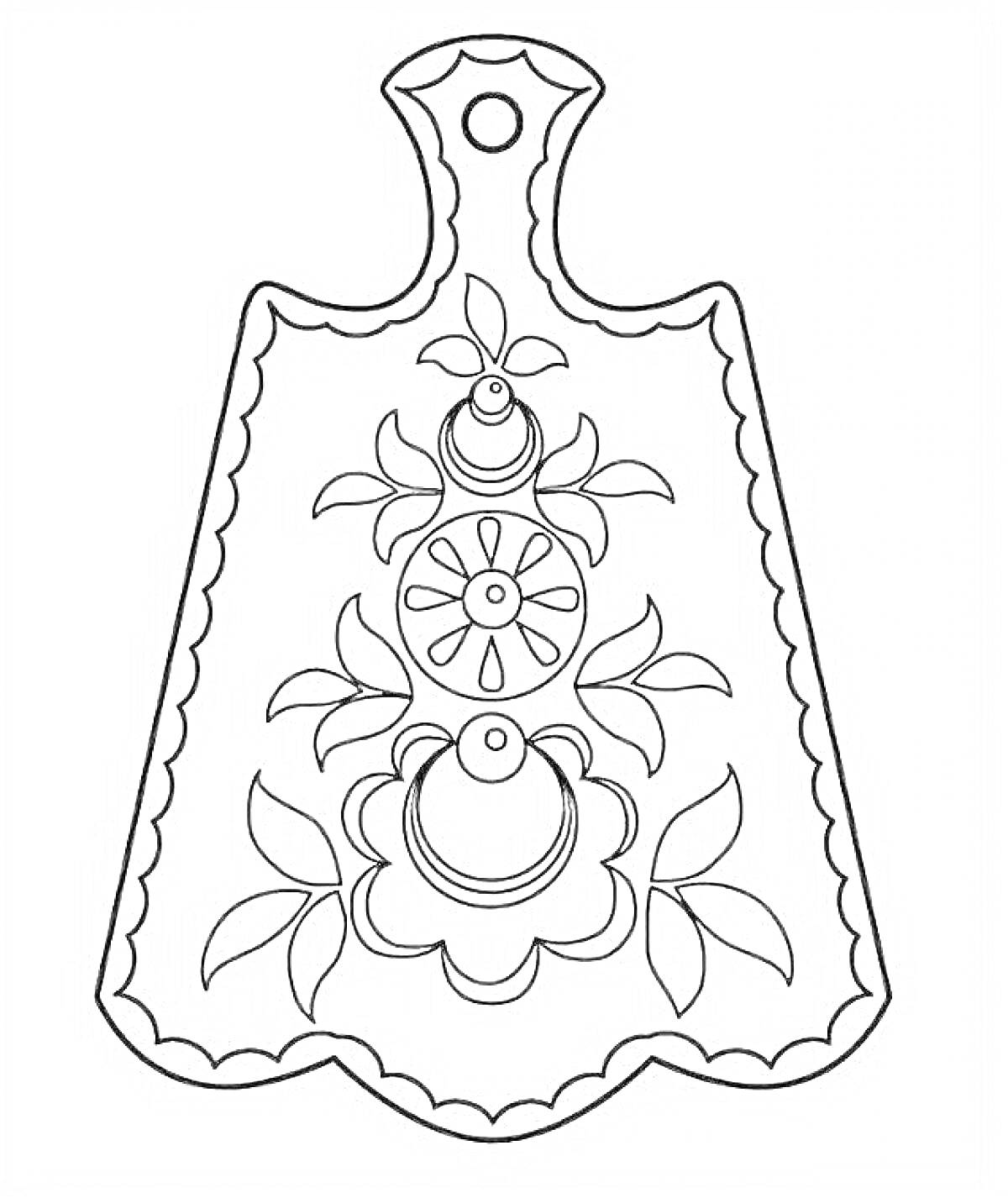 Раскраска Разделочная доска с цветами и листьями в стиле городецкой росписи