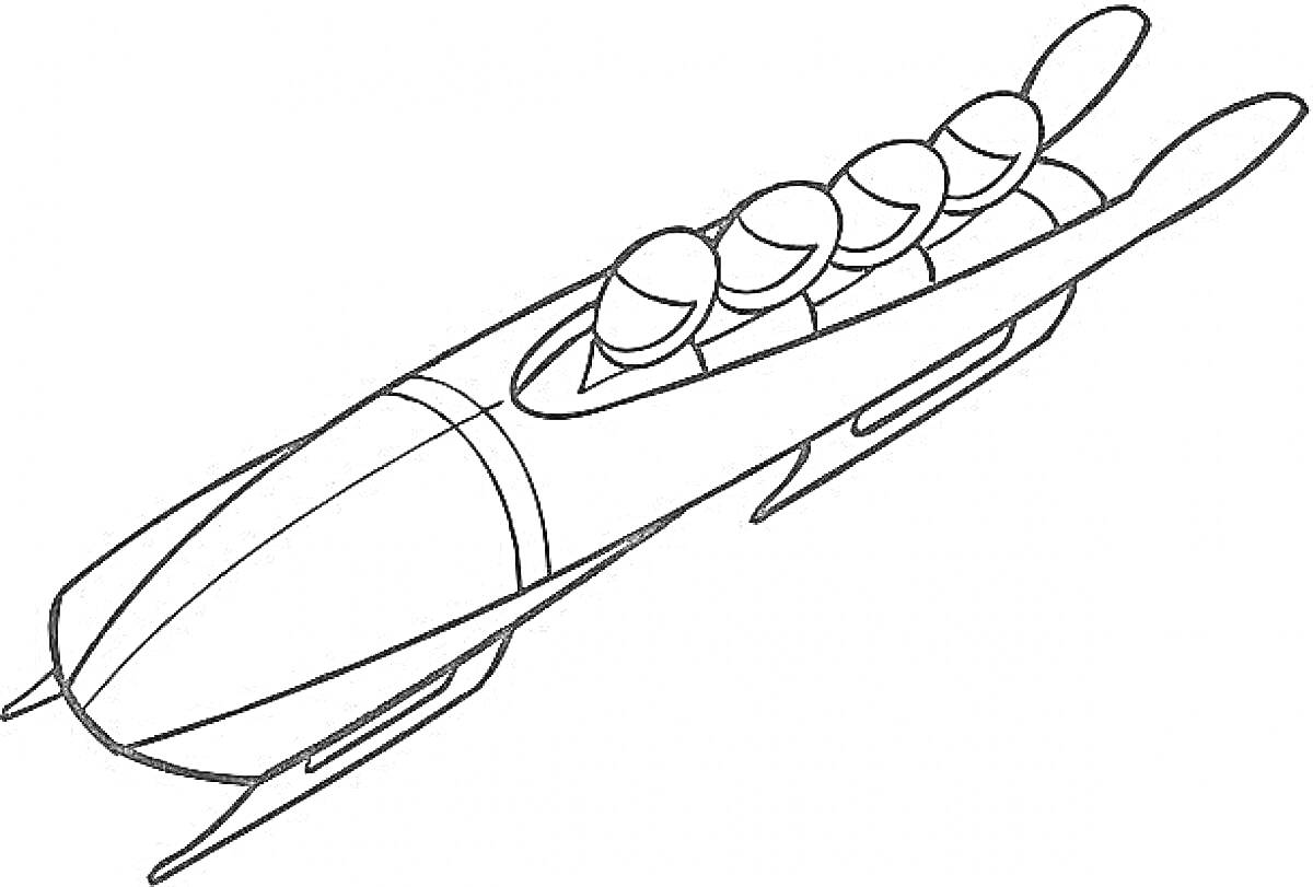 Раскраска Бобслейный экипаж из четырех человек в санях на трассе
