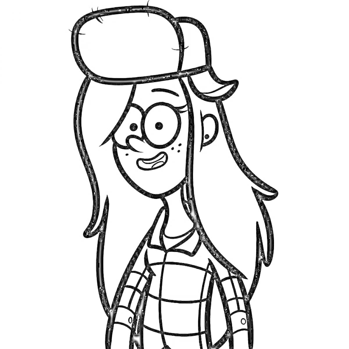 Раскраска Девочка с длинными волосами, в очках и шляпе, в клетчатой рубашке