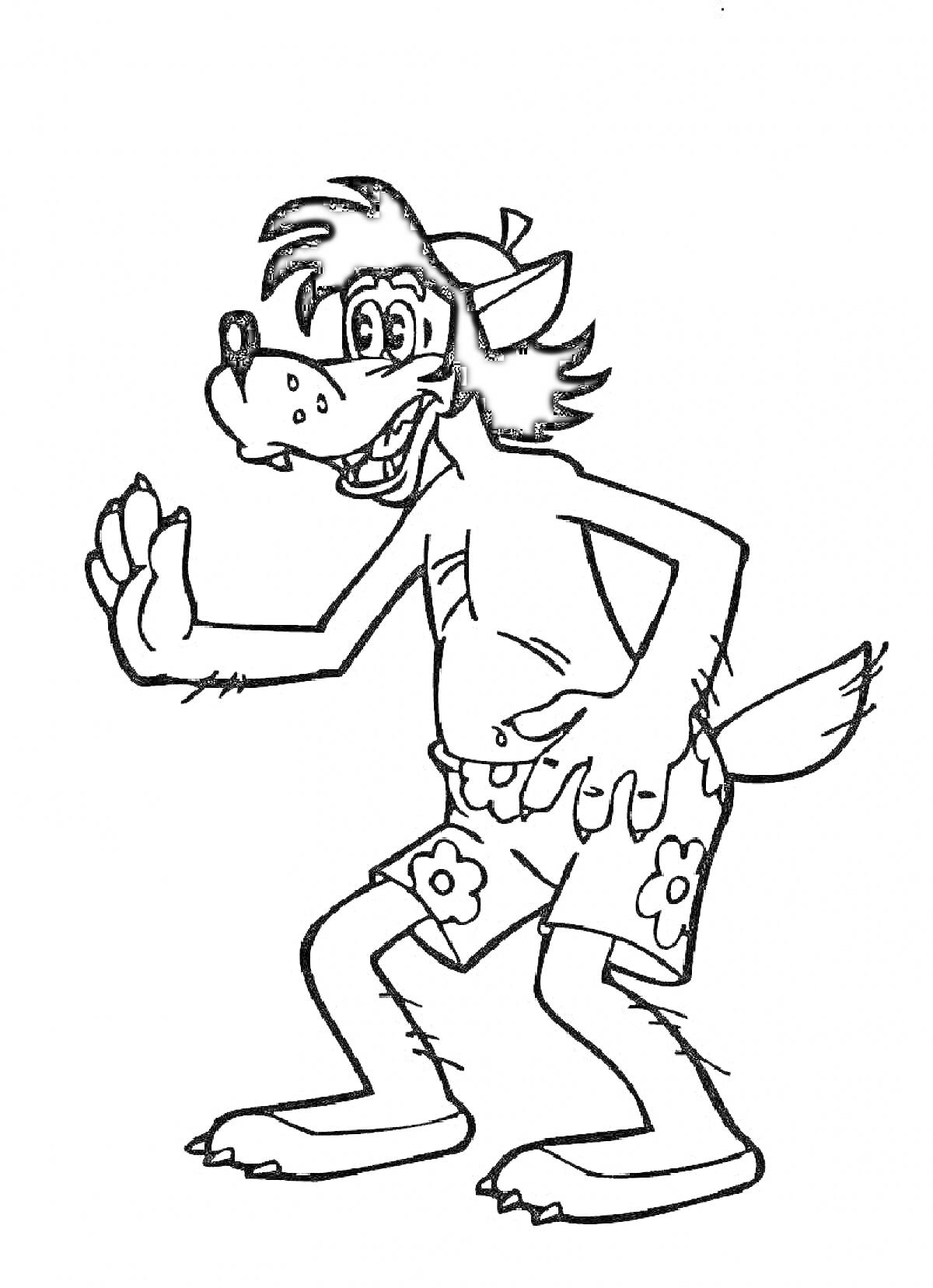На раскраске изображено: Волк, Шорты, Цветы, Юмор, Для детей