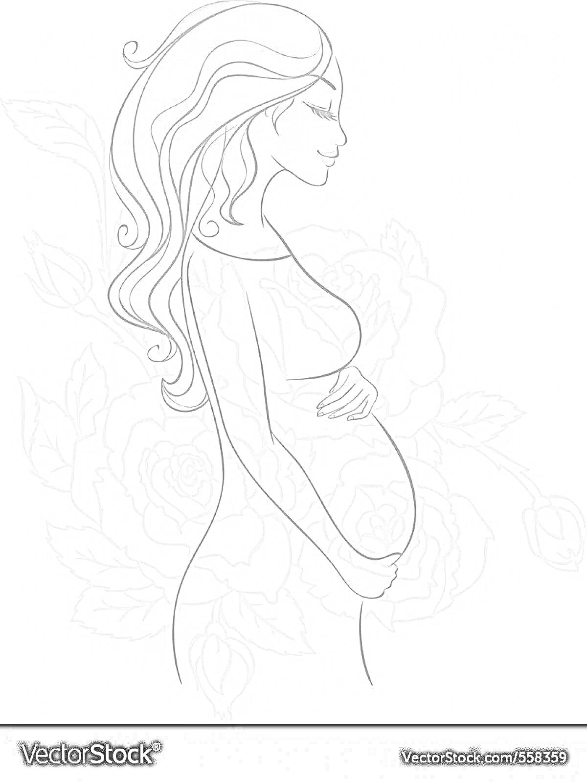 На раскраске изображено: Беременность, Женщина, Длинные волосы, Цветы, Ожидание, Спокойствие