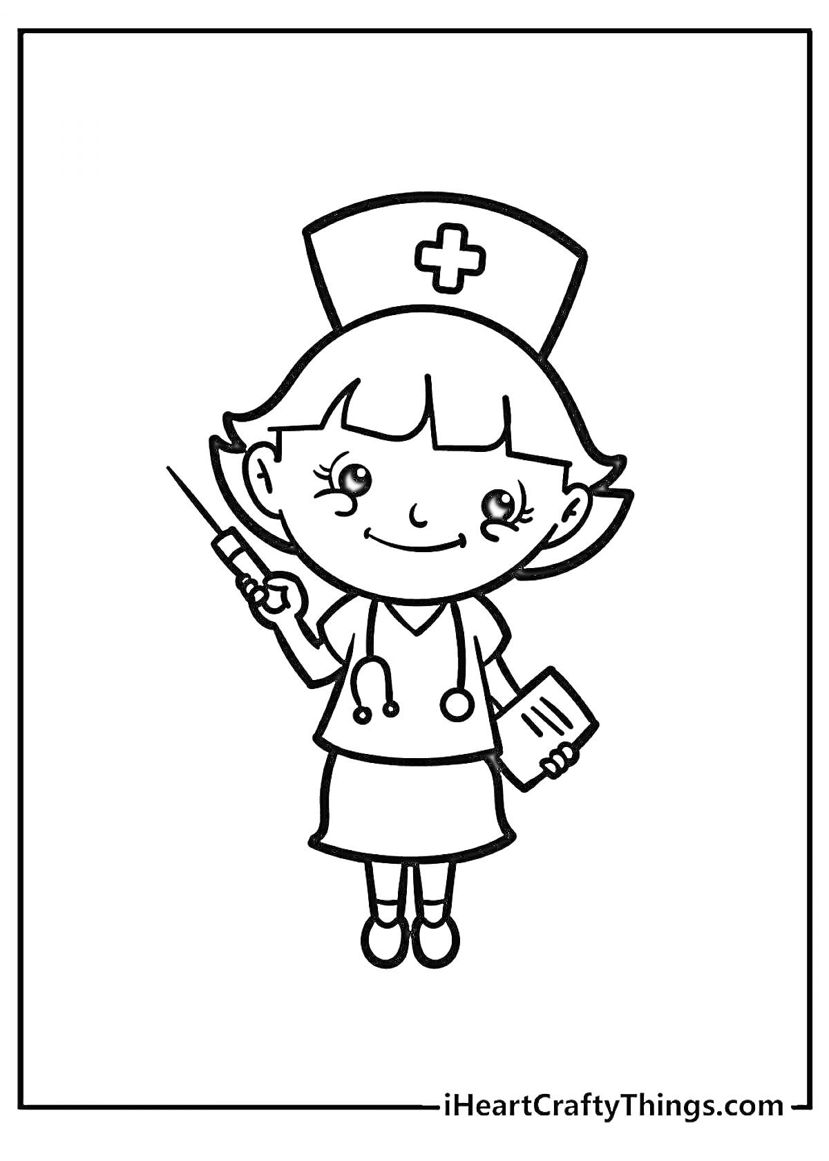 На раскраске изображено: Медсестра, Шприц, Стетоскоп, Журнал, Медицинская шапочка, Ребенок, Медицина, Медицинский персонал, Здоровье