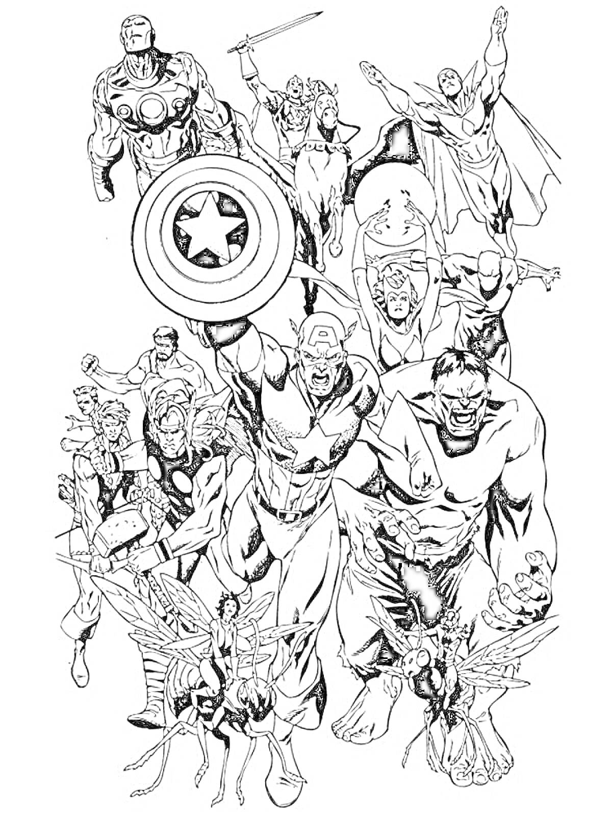 На раскраске изображено: Марвел, Супергерои, Железный Человек, Капитан Америка, Тор, Халк, Человек-муравей, Оса, Комиксы