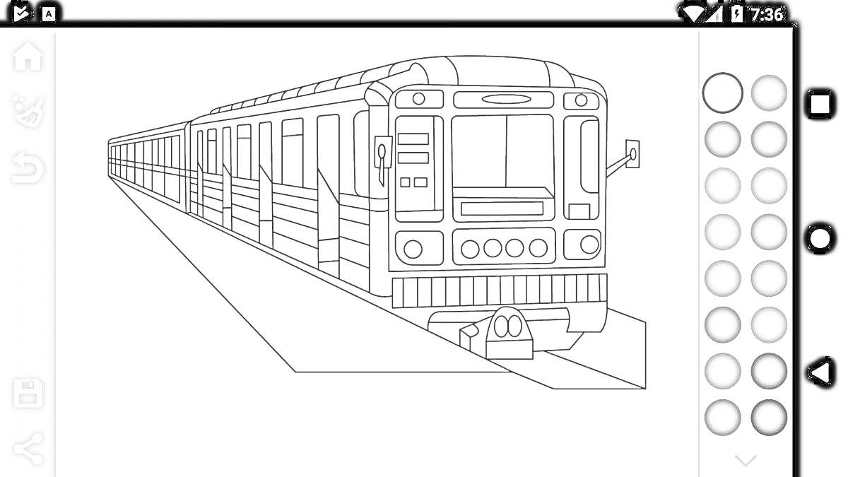 На раскраске изображено: Поезд, Метро, Станция, Рельсы, Транспорт, Городской транспорт, Палитра, Цветы, Остановка, Для детей