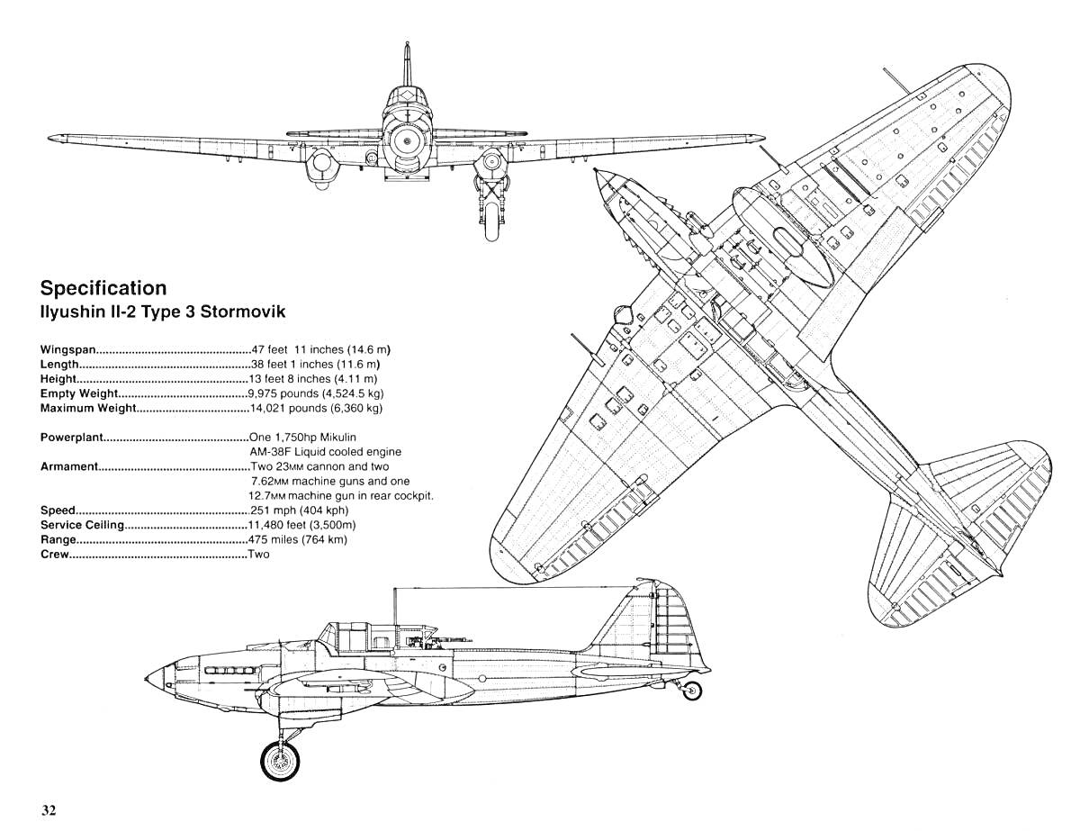 Раскраска Ил-2 с техническими характеристиками (вид спереди, сбоку и сверху)