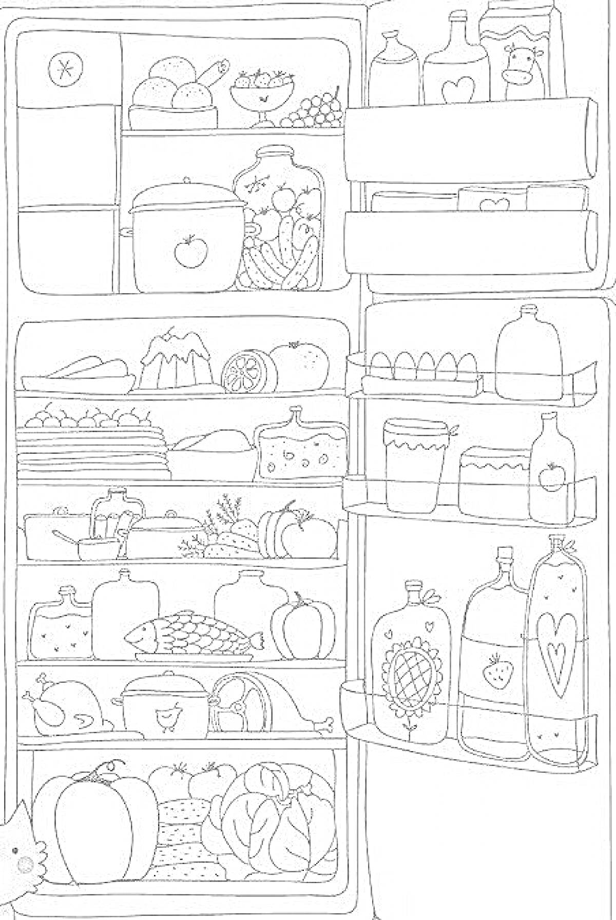 Раскраска Холодильник с продуктами: овощи, фрукты, напитки, готовая еда, банки, коробки, мороженое, яйца