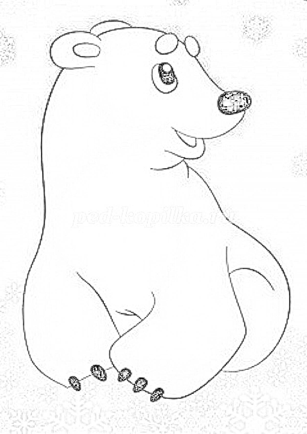 На раскраске изображено: Белый медведь, Снежинки, Зима, Умка, Из мультфильмов, Для детей, Медведь, Новый год