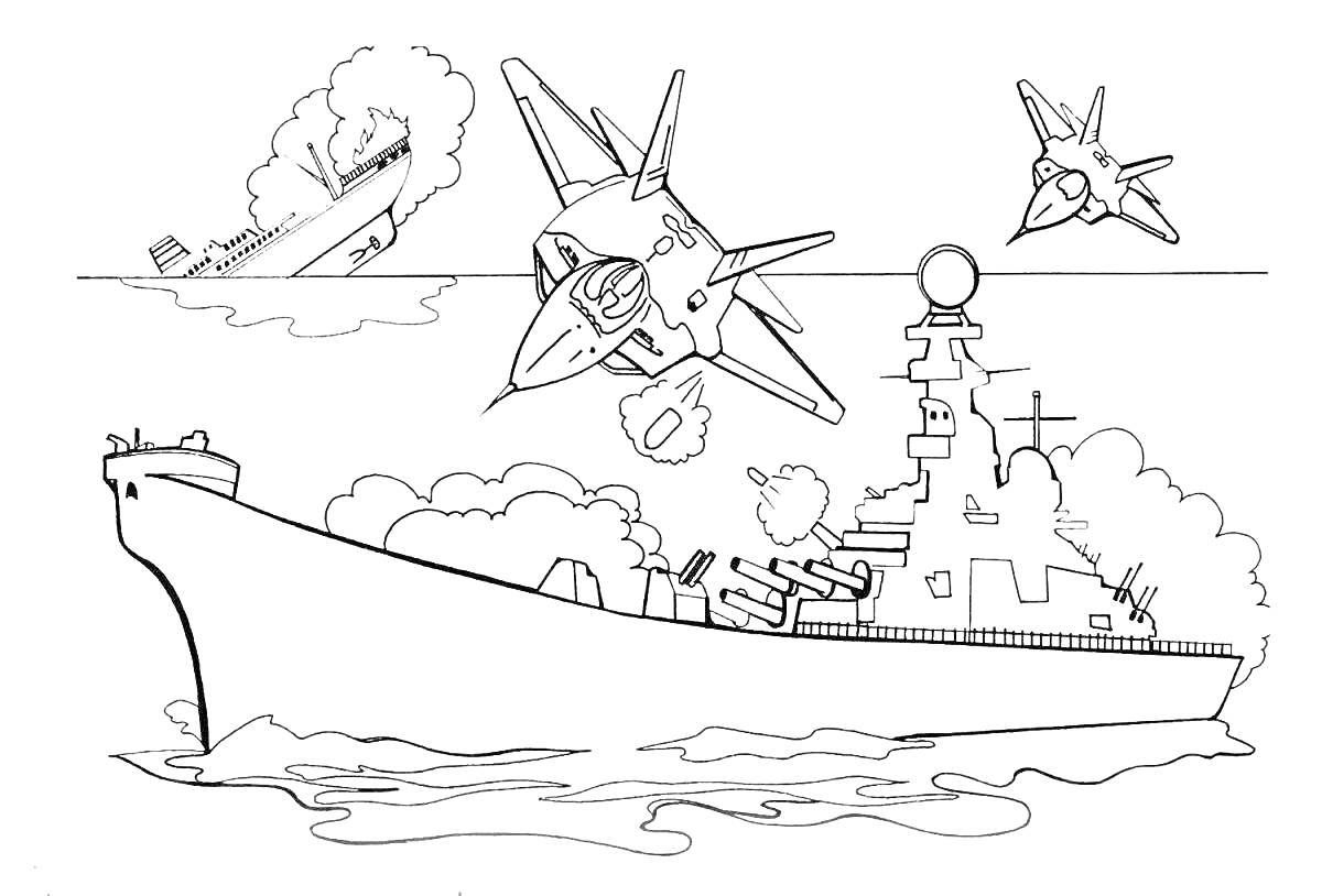 На раскраске изображено: Корабль, Бой, Небо, Море, Военная техника, Авиация, Флот, Сражение