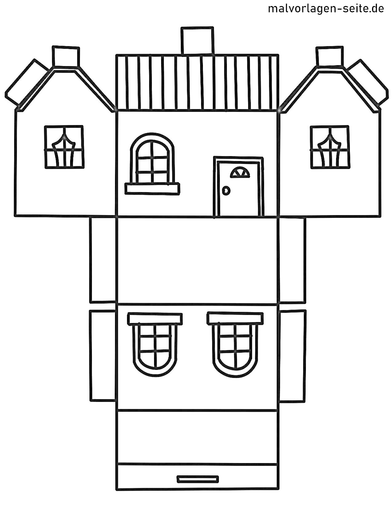 Раскраска бумажный домик с двумя этажами, двумя боковыми окнами, двумя центральными окнами, дверью и крышей